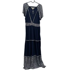 DownEast XS NWT Blue Maxi Flutter Sleeve Flowy Boho Modest Prairie Tiered Dress